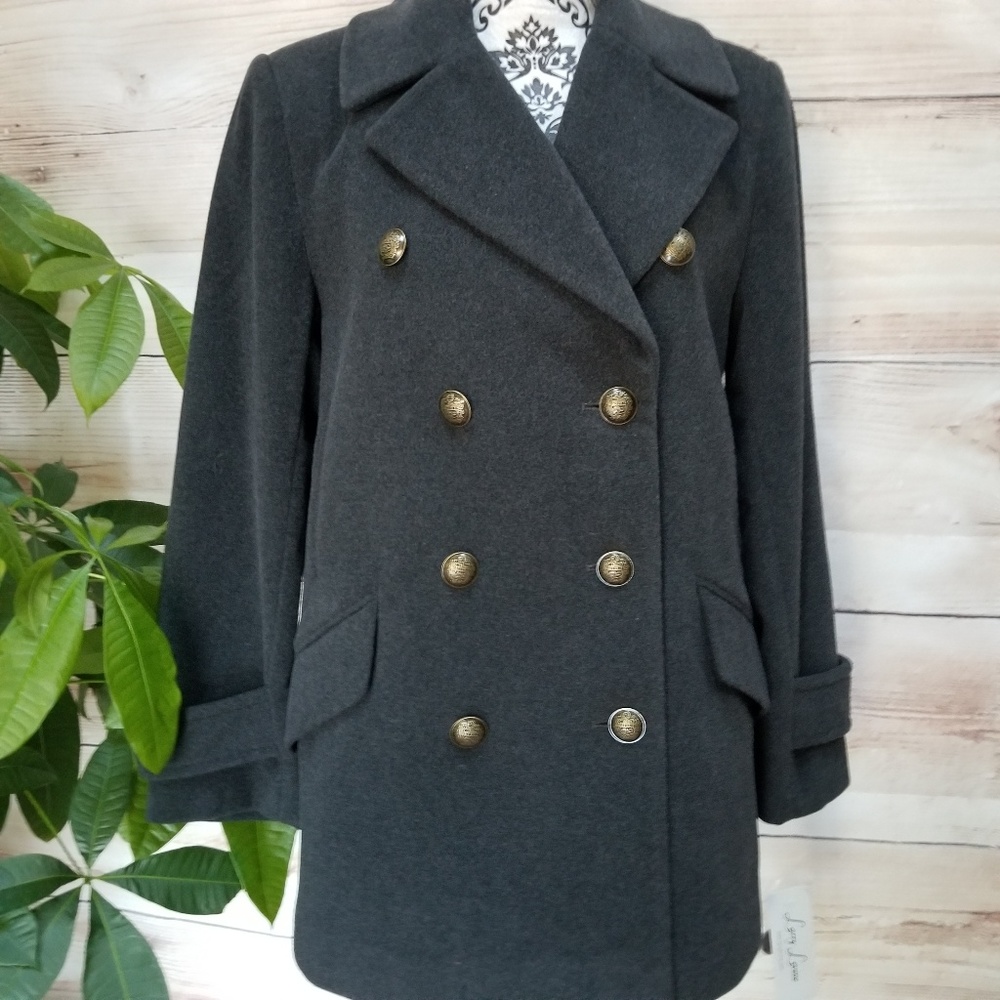 NWT Larry Levine Wool Pea Coat Sz PM Charcoal Clr - Picture 3 of 8